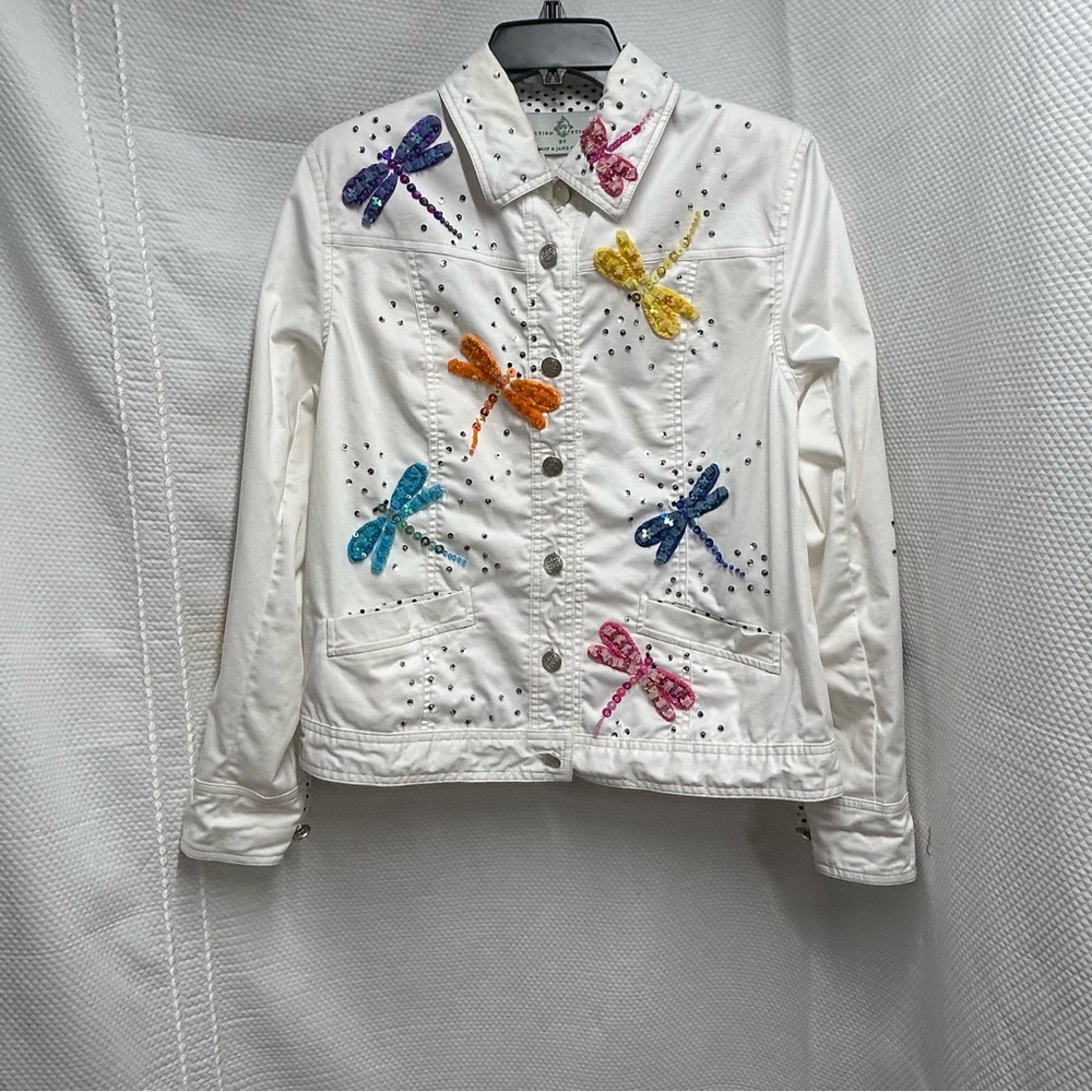 White Jean Jacket with Dragonfly Embroidery and Sequins size medium‎